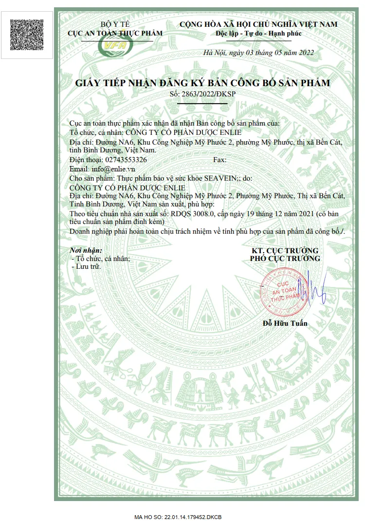 Seavein được cấp giấy tiếp nhận đăng ký bản công bố sản phẩm bởi Cục An Toàn Thực Phẩm – Bộ Y Tế Việt Nam